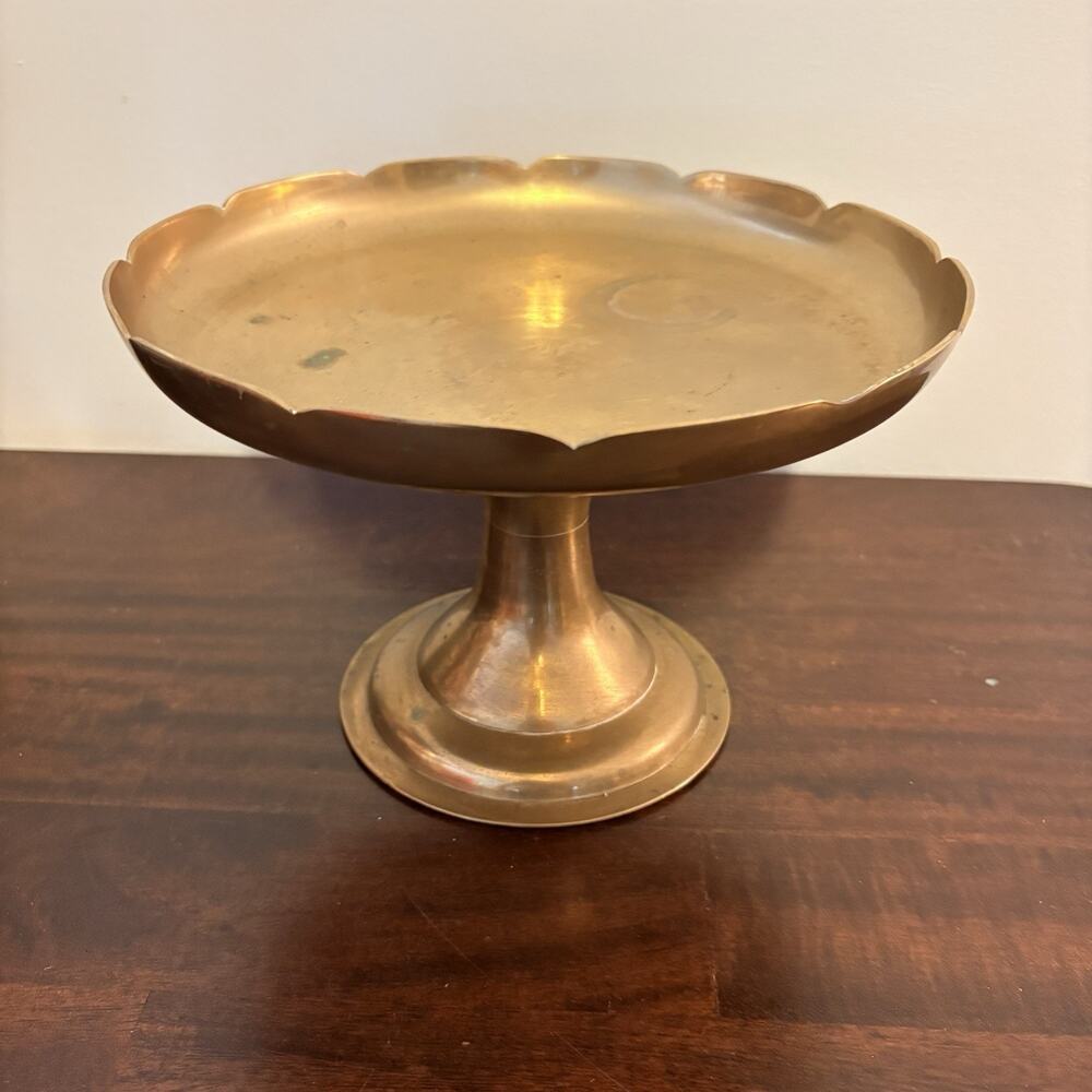 Brass Cake Stand Tray Scalloped Edge 9.75” MCM Vintage With Patina 2 Pieces
